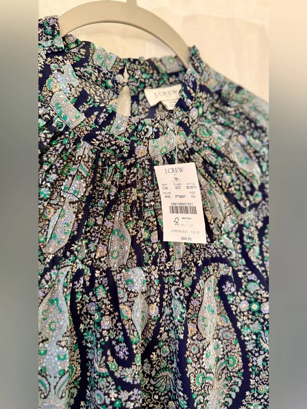 J.Crew Paisley Long Sleeve Ruffle Neck Blouse | XS | NWT